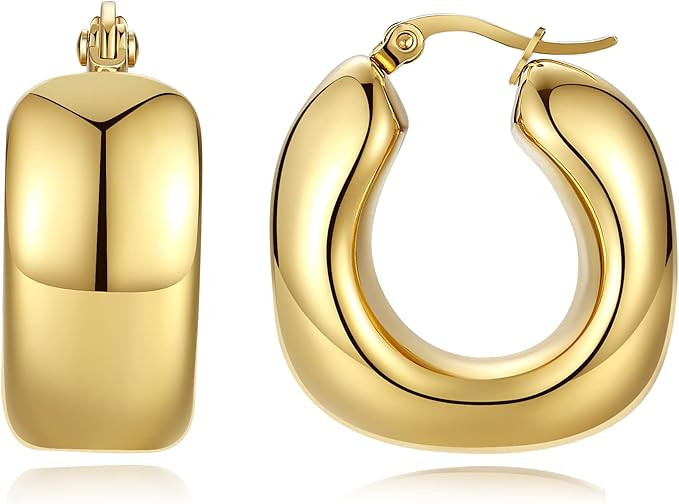 YeGieonr Chunky Gold Hoop Earrings for Women, Lightweight Stainless Steel Thick Hoops with 18K Re... | Amazon (US)
