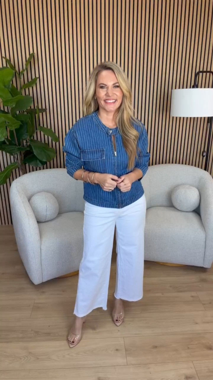 Denim with a little something different! I love this blue pinstripe denim top with the front zipper and relaxed sleeves. Paired with white wide leg jeans and nude heels, it’s such a cute way to dress up denim for the office or an everyday outfit. The pinstripe detailing gives it a little structure while still keeping the look casual!

Sizing: 5’3” | Small top | Size 6 denim | Size 7.5 heels

Blue pinstripe denim top, striped denim blouse, front zip denim shirt, white wide leg jeans, women’s fall workwear, business casual denim outfit, petite office fashion, casual denim style, white cropped jeans, everyday fall outfits, Audrie Dollins