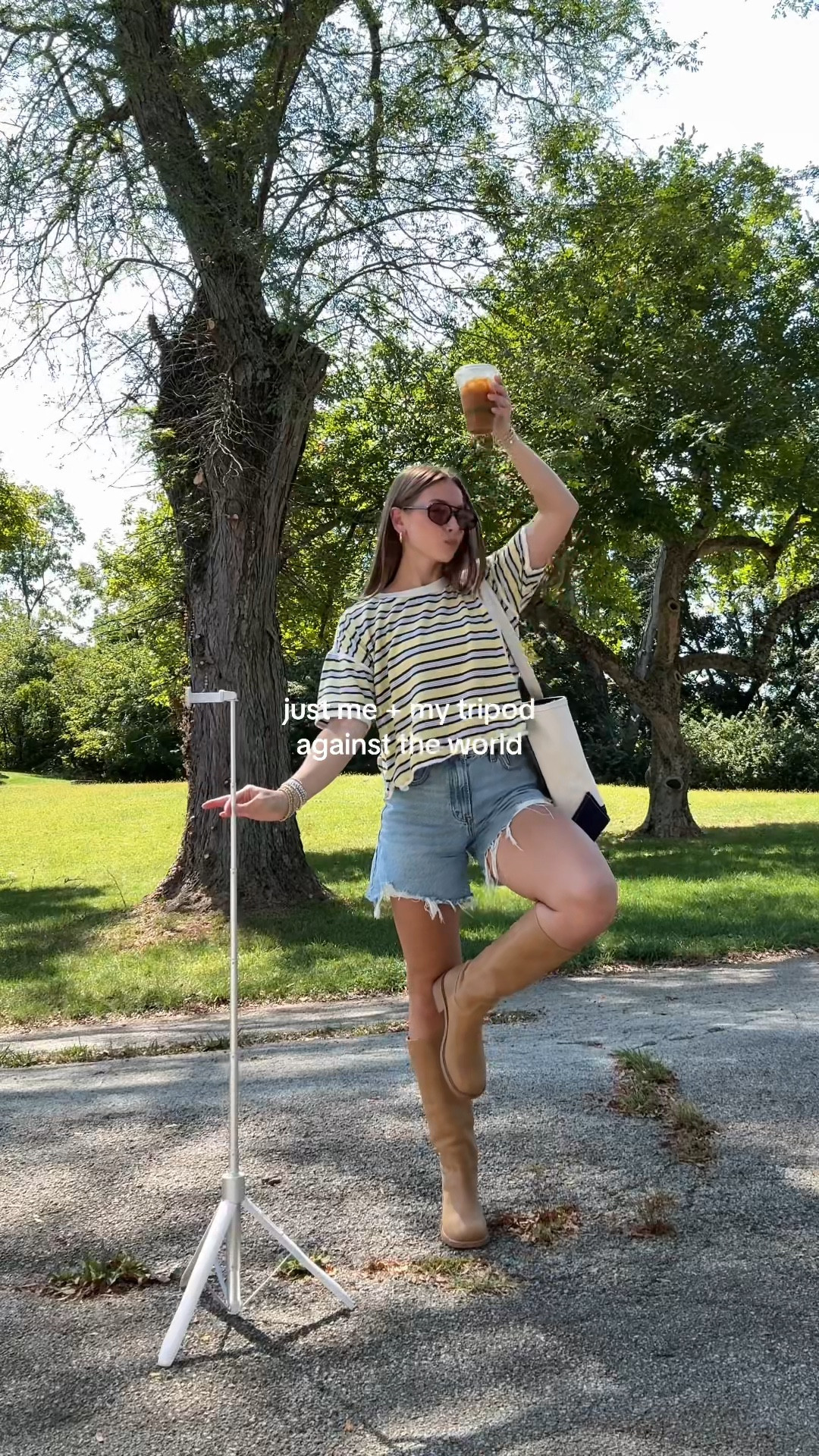 9/16/25 OOTD + my most loyal sidekick 😂 Wearing my Free People striped shirt with Abercrombie jean shorts + my Steve Madden boots. And of course… linking the Amazon tripod I’ve been using for years. Nothing fancy, but it comes with me everywhere + never fails me 🤍✨

#LTKStyleTip #LTKShoeCrush