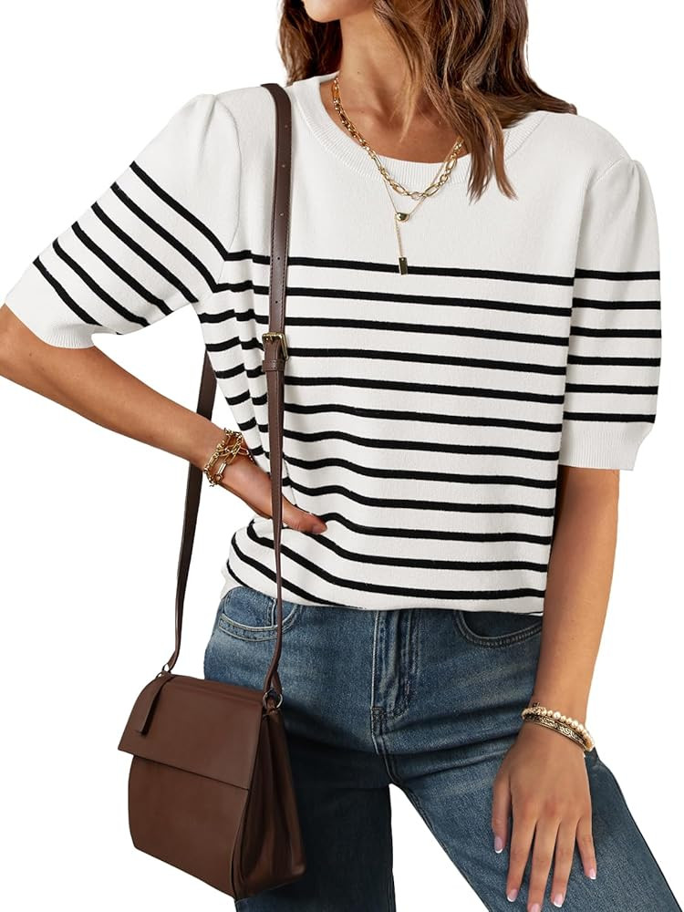 ZESICA Women's Casual Striped Tops Short Sleeve Crew Neck Ribbed Knit T Shirts Comfy Loose Basic ... | Amazon (US)