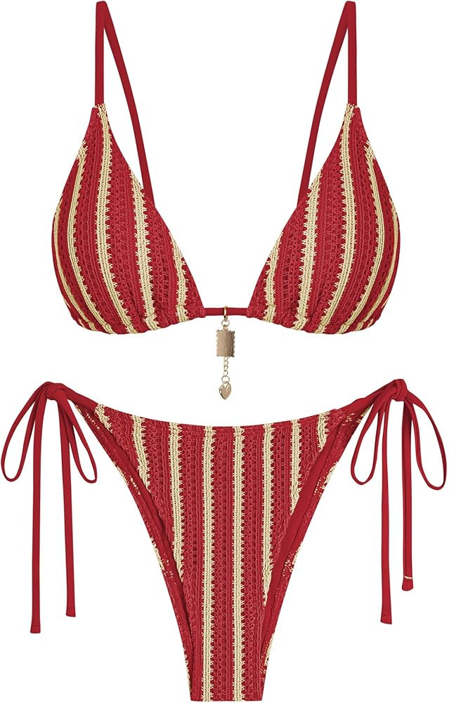 ZAFUL Crochet Bikini Sets for Women Cheeky Boho Bathing Suits Striped Brazilian High Cut Thong Bi... | Amazon (US)