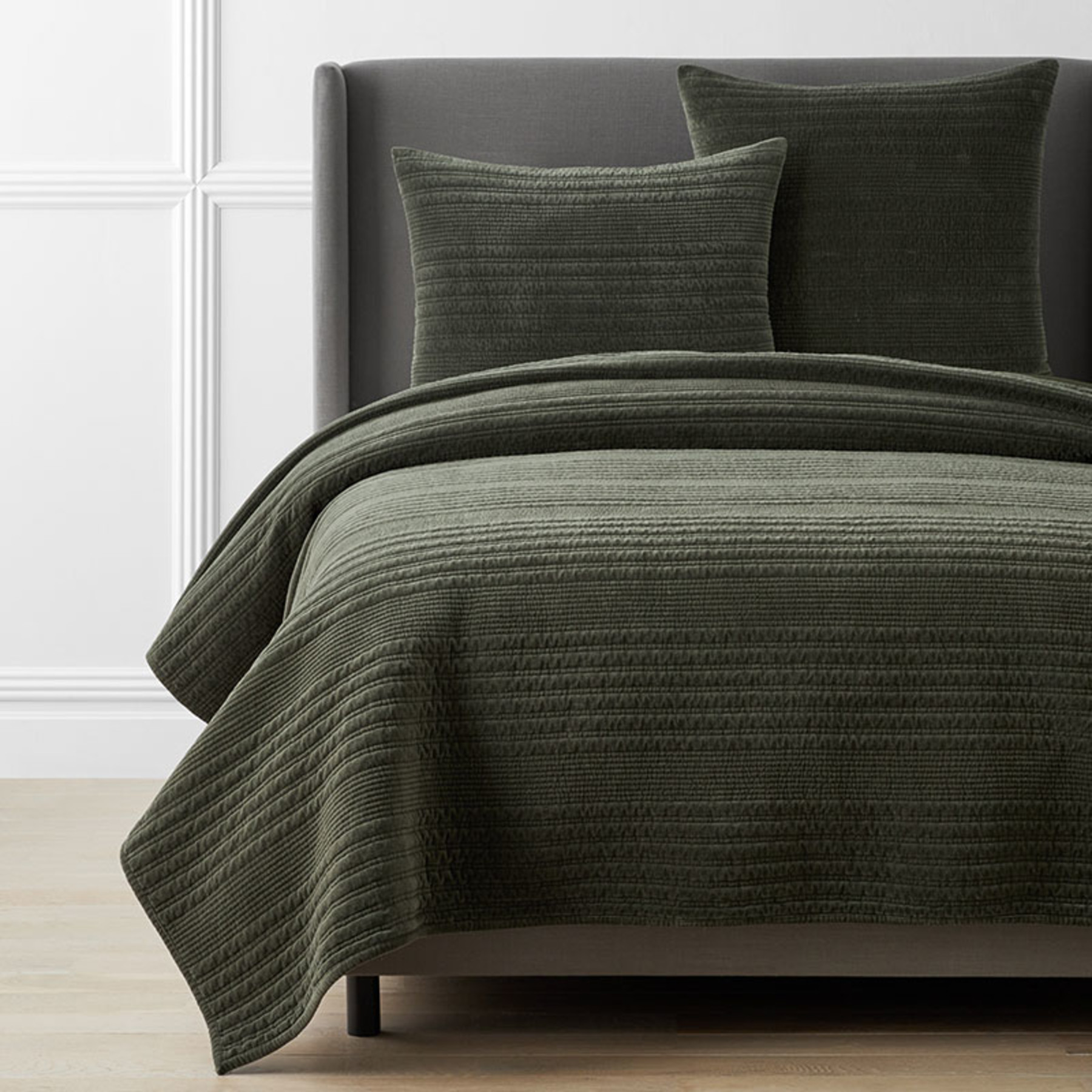 Line Stitch Velvet Quilt - Olive, Full/Queen | The Company Store
