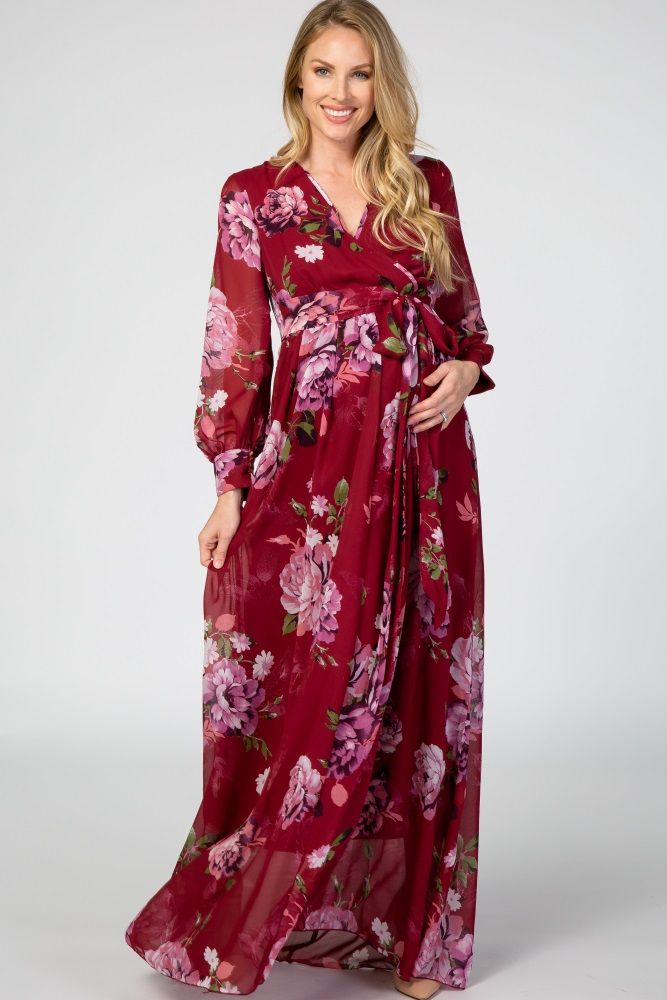 Red Floral Chiffon Long Sleeve Pleated Maternity Maxi Dress | PinkBlush Maternity