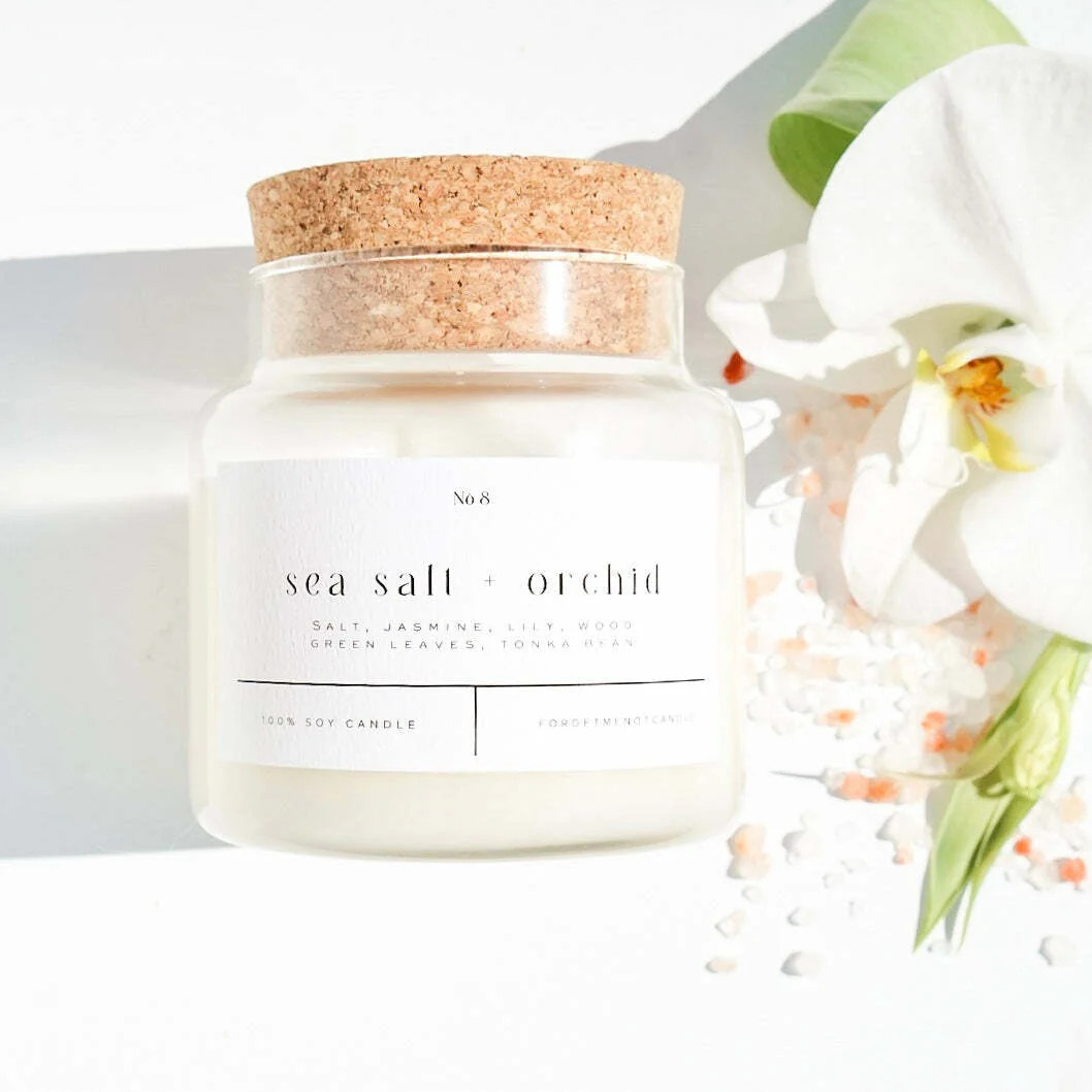 Sea Salt + Orchid 22 oz Glass Candle | Forget Me Not Candle