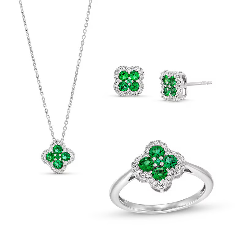 Lab-Created Emerald and White Lab-Created Sapphire Clover Frame Pendant, Stud Earrings and Ring Set in Sterling Silver | Zales