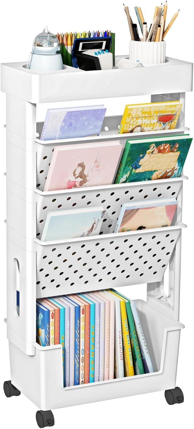 5 Tier Rolling Utility Cart Multi-Functional Movable Storage Book Shelves with Lockable Casters f... | Amazon (US)