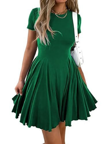Mieazom Crewneck Fit and Flare Swing Flowy Skater Mini Dress Dark Green S | Amazon (US)