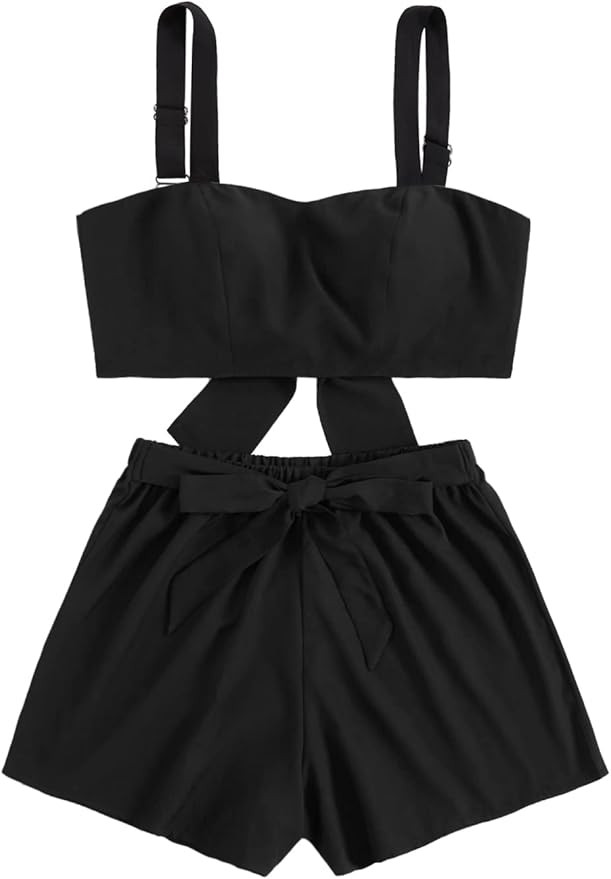 SweatyRocks Women's 2 Piece Outfits Summer Sleeveless Tie Back Crop Cami Top and Shorts Set | Amazon (US)