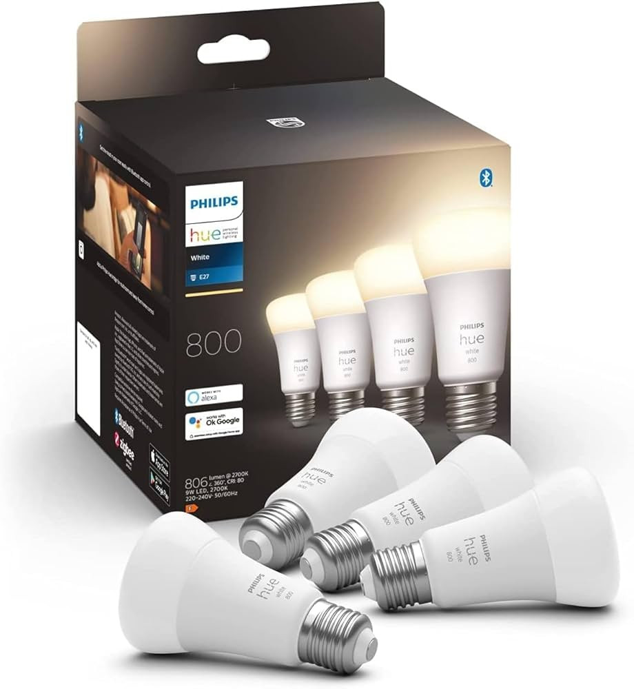 Philips Hue White E27 Viererpack 4x800lm, warmweißes Licht, dimmbar, steuerbar via App, kompatib... | Amazon (DE)