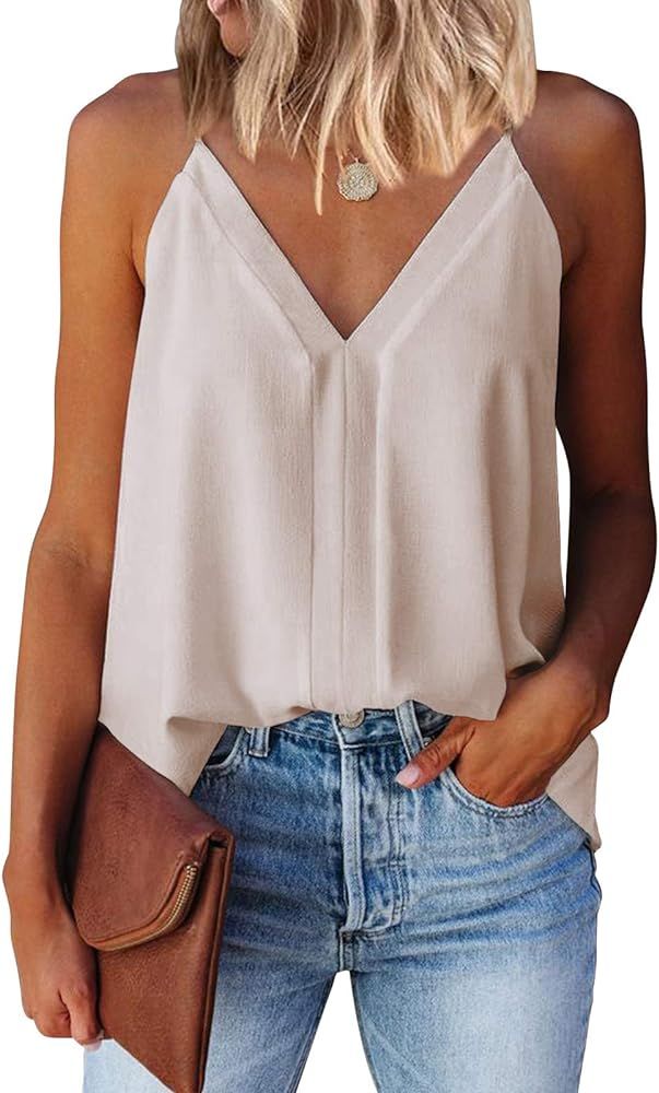 miduo Womens V Neck Strappy Tank Tops Loose Casual Sleeveless Shirts Blouses | Amazon (US)