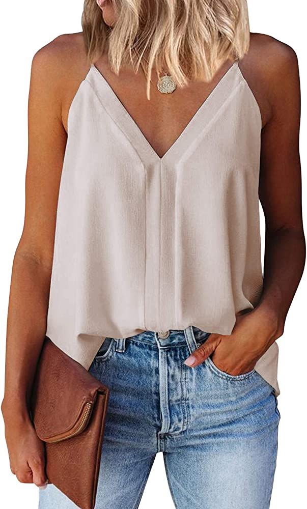 miduo Womens V Neck Strappy Tank Tops Loose Casual Sleeveless Shirts Blouses | Amazon (US)