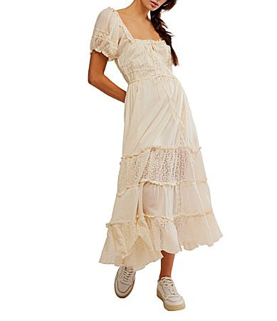 Free People Falling Sun Square Neck Short Puff Sleeve Tiered Midi Dress - L | Dillard's