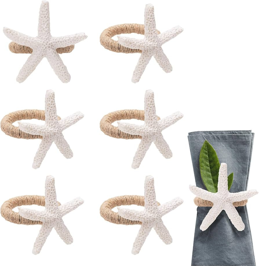 6pcs Starfish Napkin Rings, White Sea Star Nautical Napkin Ring Holders Rustic Serviette Buckles ... | Amazon (US)