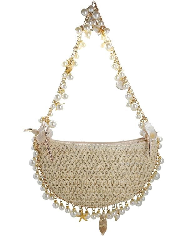 Women Pearl Straw Clutch Purse Woven Summer Beach Evening Bag Wedding Party Straw Shoulder Handba... | Amazon (US)