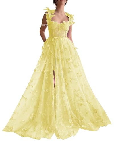 PEIYJYUSP Prom Dresses for Women 3D Butterfly Tulle Ball Gown Lace Applique Long Formal Dress A Line Evening Gown with Slit Yellow US26W | Amazon (US)