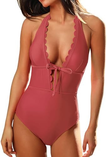 CUPSHE Women's One Piece Swimsuit Bathing Suits Halter Deep V Neck Self Tie Cutout Scalloped Swim... | Amazon (US)