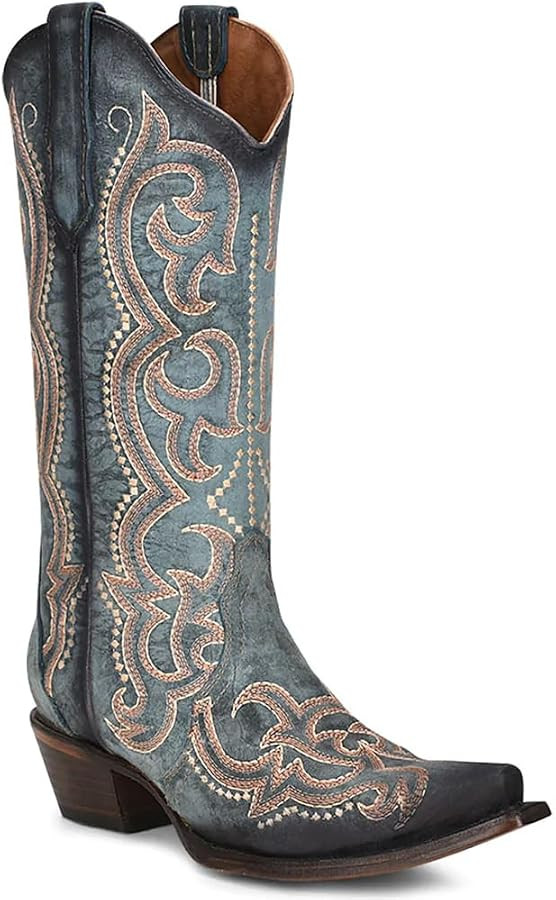 Corral Boots Womens Blue Jean Embroidered Snip Toe Casual Boots Mid Calf Mid Heel 2-3" - Blue | Amazon (US)