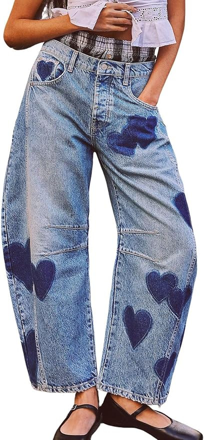 CHARTOU Y2k Barrel Jeans Women Wide Leg Baggy Distressed Printed Boyfriend Horseshoe Denim Pants | Amazon (US)