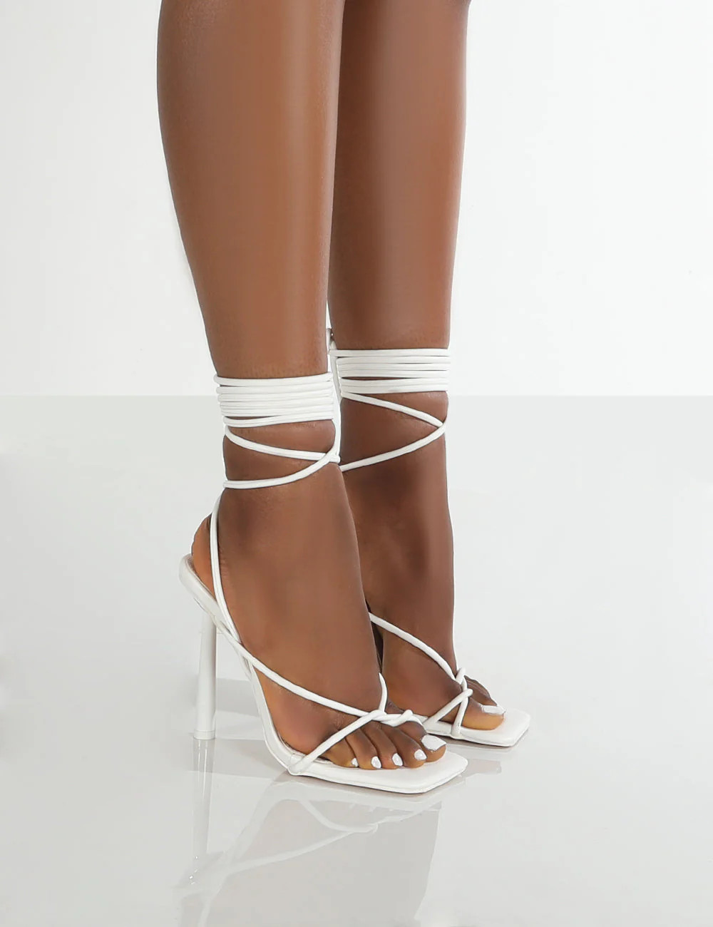Lacey White Square Toe Strappy Lace Up Stiletto Heels | Public Desire (US & CA)