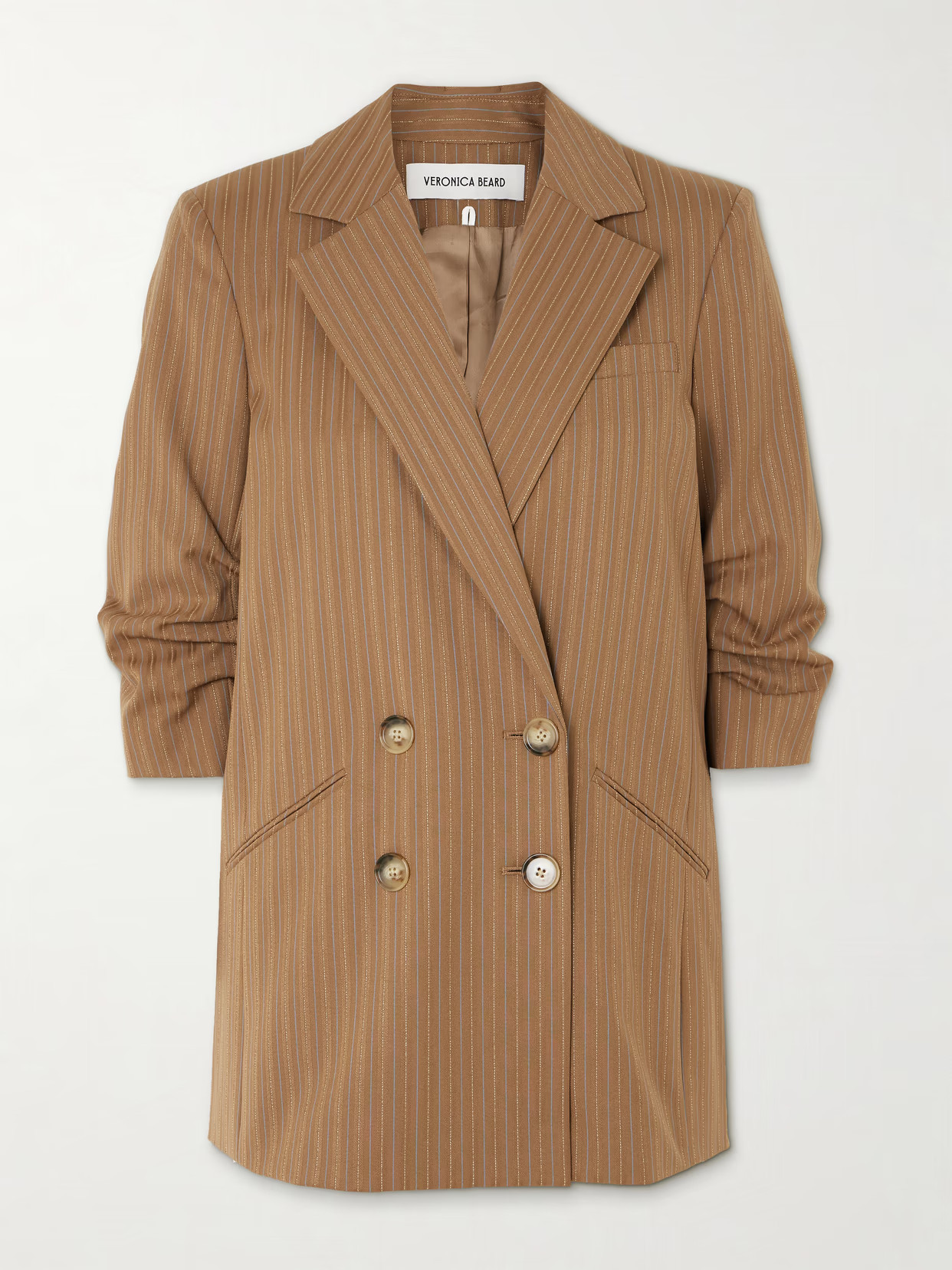 Veronica Beard - Rupert Dickey Double-breasted Ruched Pinstriped Woven Blazer - Neutrals | NET-A-PORTER (US)