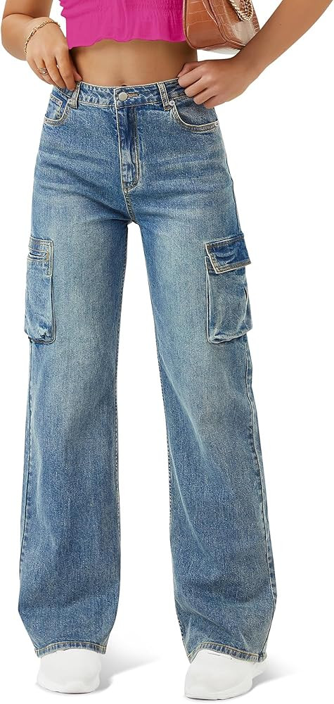 Women High Waisted Cargo Jean for Women with 6 Pockets Straight Wide Leg Jean Casual Baggy Pants | Amazon (US)