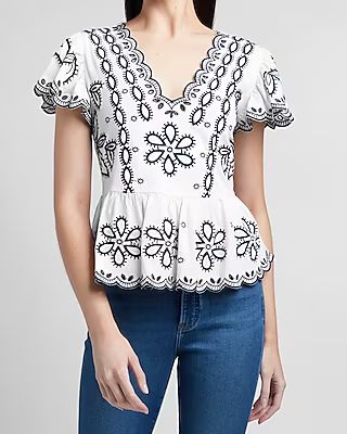 Eyelet Lace Scalloped Trim Peplum Top | Express