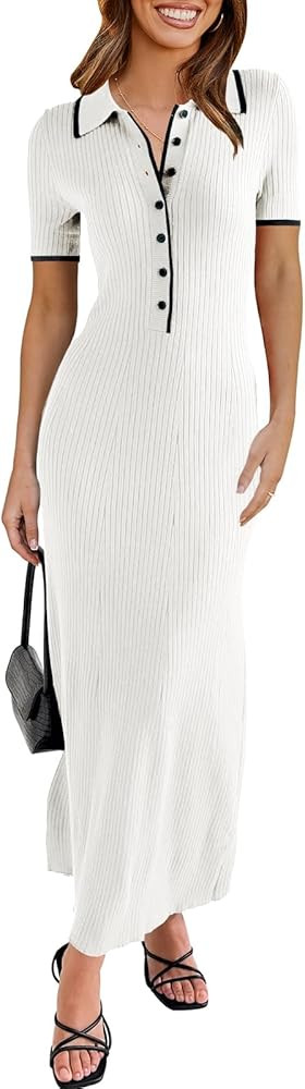 Saodimallsu Womens Short Sleeve Maxi Dress Summer Bodycon Button V Neck Collared Knit Elegant Par... | Amazon (US)
