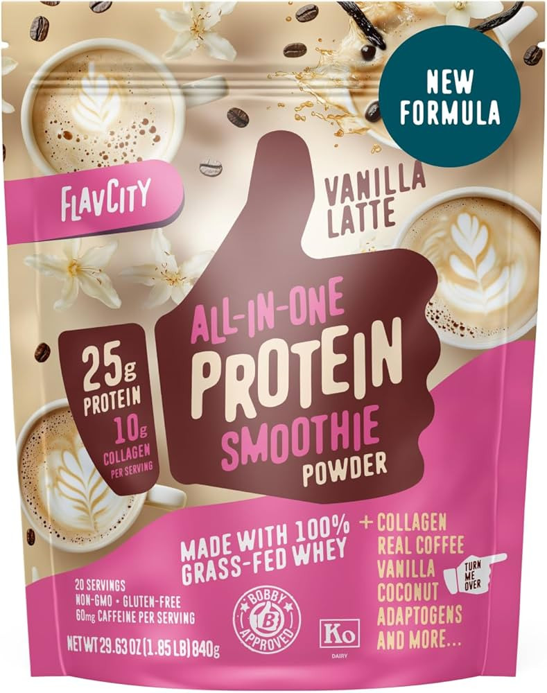 FlavCity Grass Fed Whey Protein Powder - Vanilla Latte - 25g Protein, 10g Collagen & 60mg of Caff... | Amazon (US)