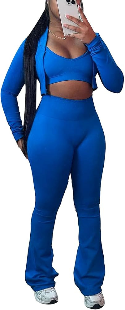 Women's 3 Piece Outfits Workout Sets Bodycon Tracksuit Tank Top + Long Sleeve Zip Up Jacket Bell ... | Amazon (US)