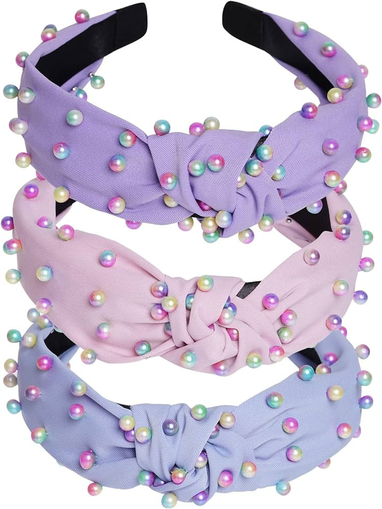 Sucrain 3 Pcs Pearl Knotted Headbands for Women Girls Colorful Jeweled Embellished Gem Faux Pearl... | Amazon (US)