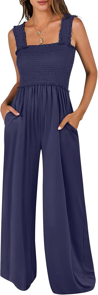 ANRABESS Womens Casual Summer Jumpsuits Smocked Sleeveless Wide Leg Long Romper Jumpers 2025 Beac... | Amazon (US)