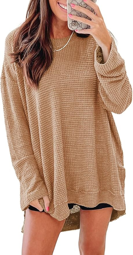 SHEWIN Long Sleeve Shirts For Women Oversized Sweatshirt Crewneck Waffle Knit Fall Tops for Women... | Amazon (US)