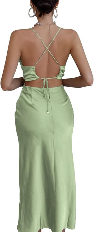 LYANER Women's Satin Cowl Neck Straps Slip Sexy Cut Out Cocktail Midi Dress | Amazon (US)