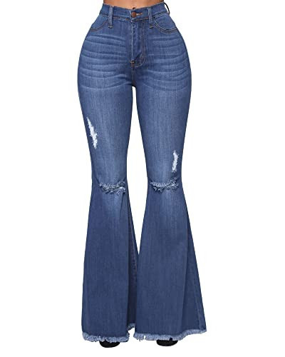 Women Destoryed Flare Jeans Elastic Waist Ripped Bell Bottom Raw Hem Stretch Denim Pants (Dark Blue, Small) | Amazon (US)