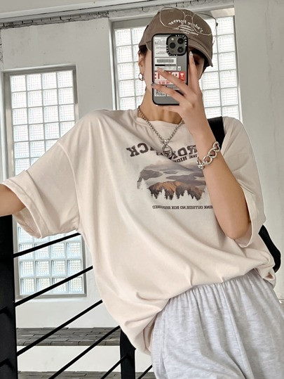 DAZY Slogan & Mountain Print Drop Shoulder Tee | SHEIN