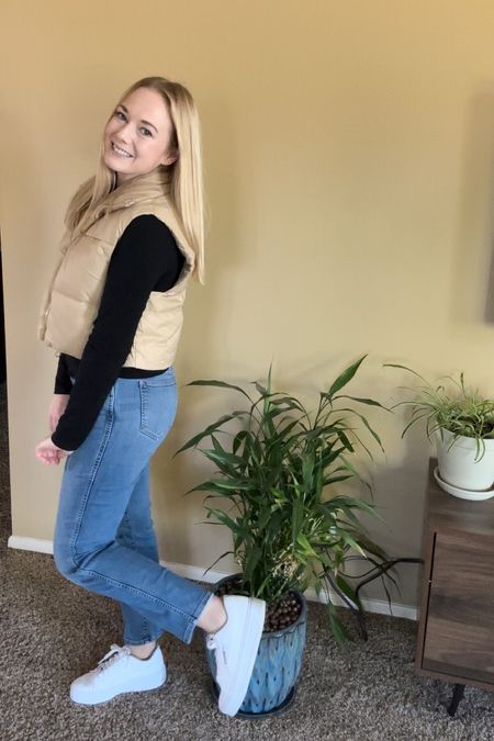 This cropped puffer vest in tan is so dang cute (size small). My Madewell stovepipe jeans (size 26). Black turtleneck (small). White sneakers (size 7). #falloutfit #neutraloutfit #winteroutfit #croppedstyle #amazonfinds

#LTKxMadewell #LTKfindsunder100 #LTKfindsunder50