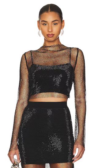 Anniel Long Sleeve Crystal Fishnet Crop Top in Black | Revolve Clothing (Global)