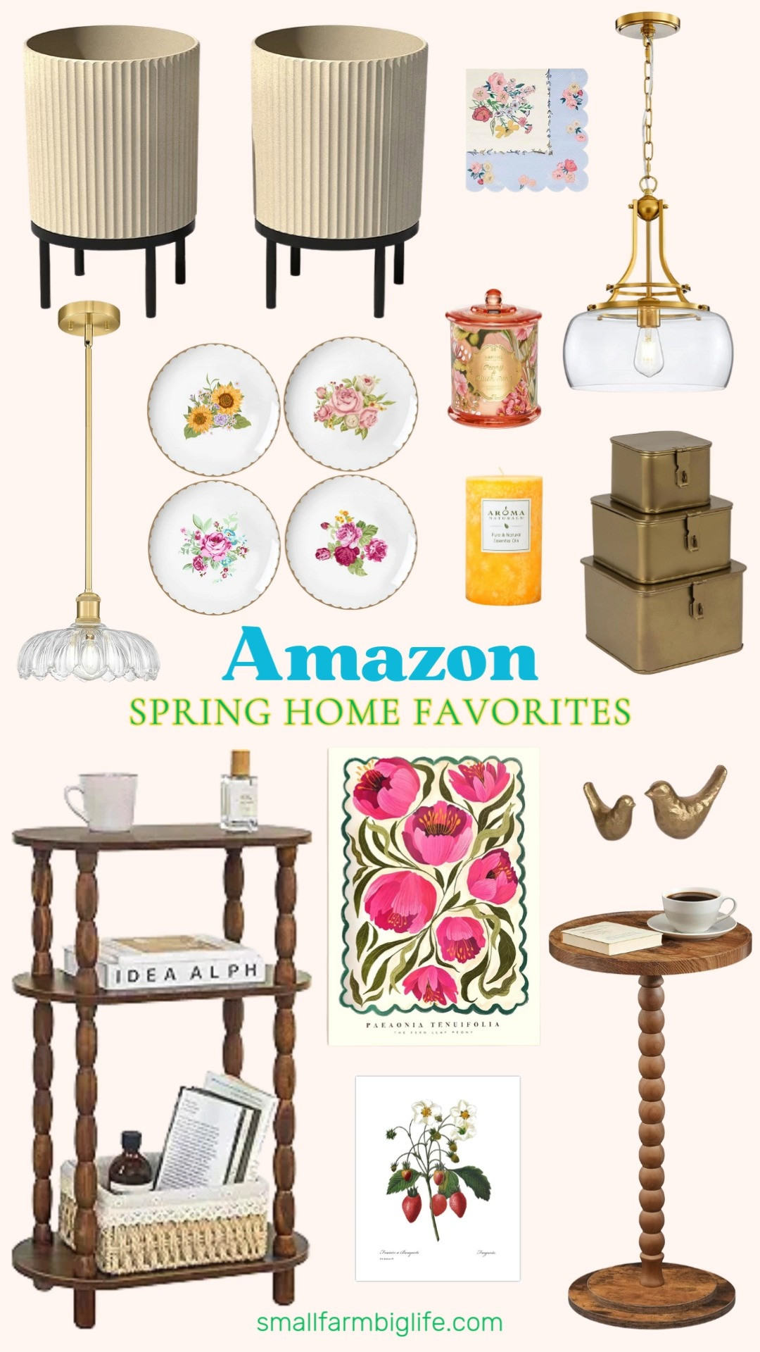Spring Home Favorites From Amazon 🤍
Lighten up your space with warm wood, soft florals, and timeless brass accents that feel fresh for spring. From cream outdoor planters on black stands and spindle side tables to floral plates, candles, vintage strawberry art, and gold decorative details, these Amazon finds are perfect for easy seasonal styling indoors and out. Save this for spring home refresh ideas that feel collected, cozy, and classic ✨ 

 #LTKHome