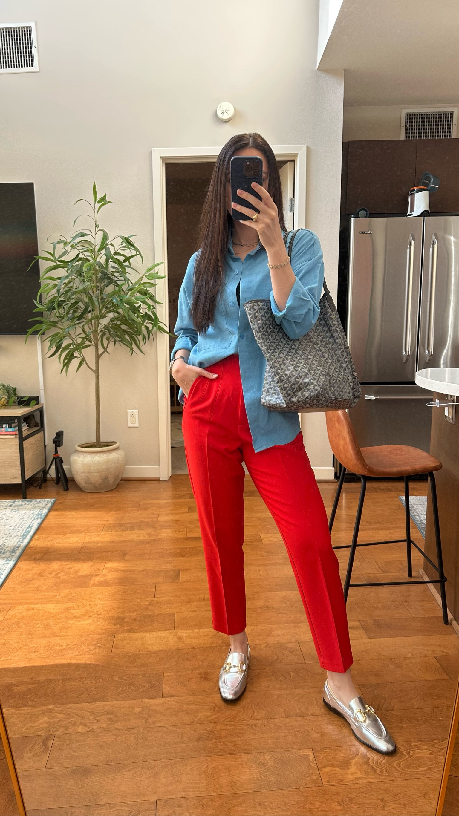 Denim button up S
Red pleated dress pants S
Silver loafers 7.5
Grey Goyard St. Louis tote 

#LTKSaleAlert #LTKShoeCrush #LTKWorkwear