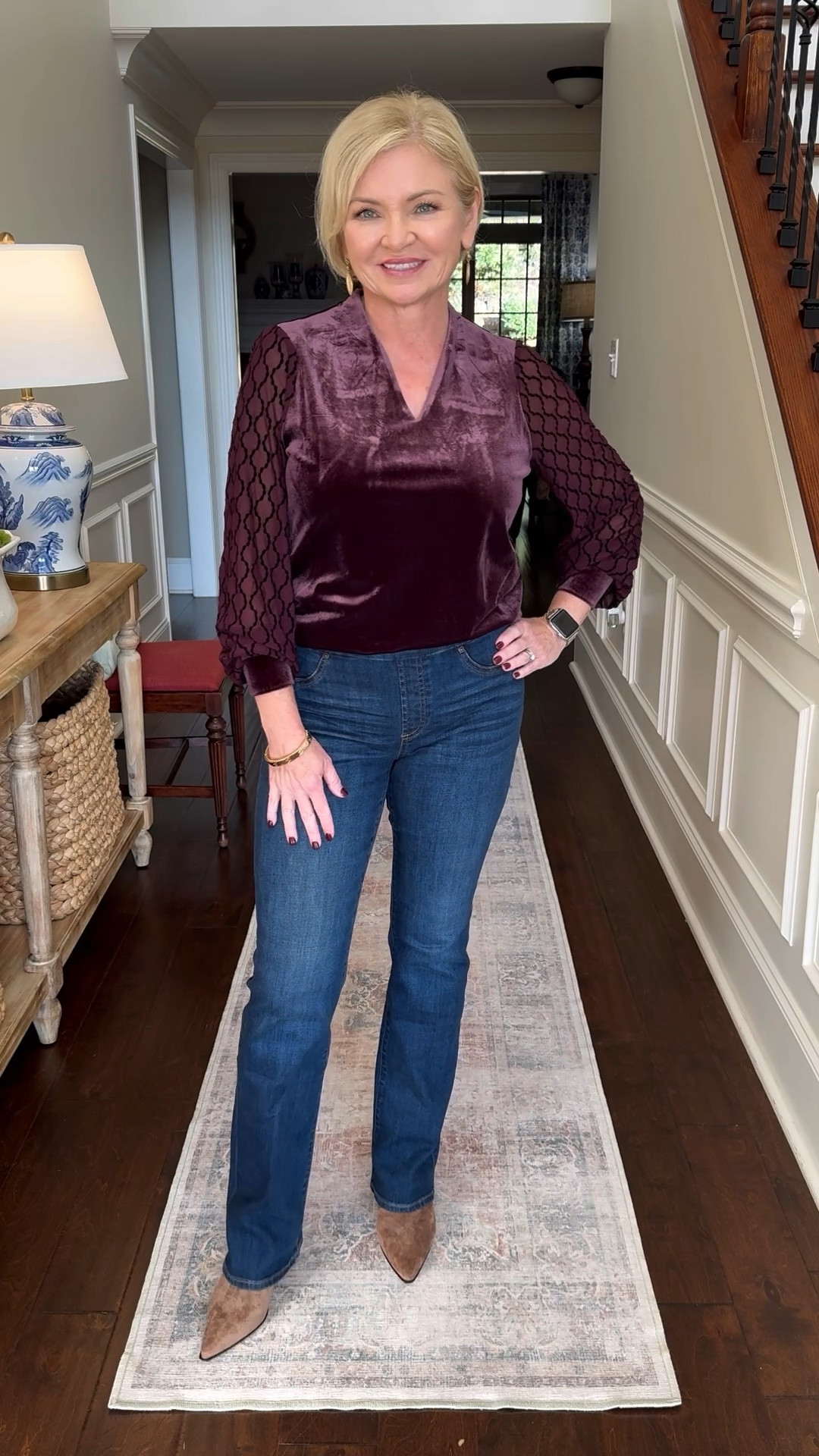 Casual yet festive outfit from
Chico's! The velvet top is a rich shade of plum, and the jeans are their pull-on bootcut jeggings!  No zipper or button in the way, so they look is smooth under clingy tops and sweaters. Wearing Small in the top and 00 Reg in the jeans. 

#makingspiritsbright
#chicospartner
#lovechicos

Jeans outfit
Bootcut beats
Casual holiday outfit 
Over 50

#LTKHoliday #LTKWatchNow #LTKStyleTip