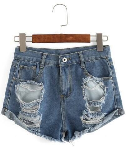 Blue Ripped Frayed Denim Shorts | SHEIN