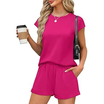 WIHOLL 2 Piece Sets for Women Casual Summer Travel Vacation Outfits Cap Sleeve Shorts Lounge Set | Amazon (US)