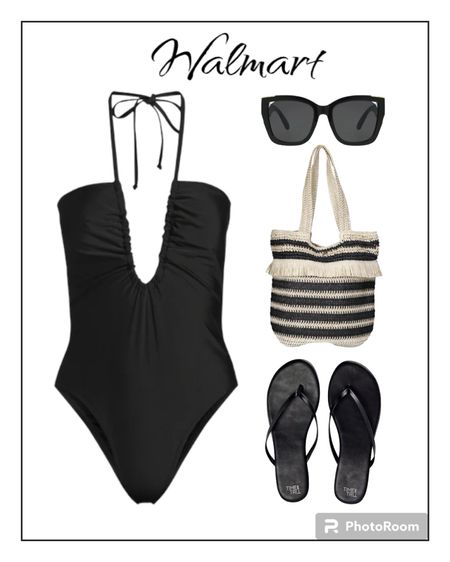 Walmart new black one piece swimsuit. Black tote bag and flip flops. 

#swimsuits

#LTKitbag #LTKfindsunder50 #LTKswim