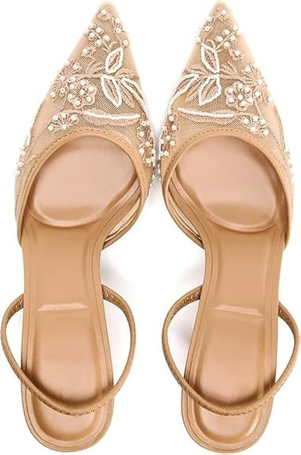 Women's Mesh Floral Embroidered Slingback Heels with Pearl Studded Pointed Toe Beads Kitten Heels... | Amazon (CA)