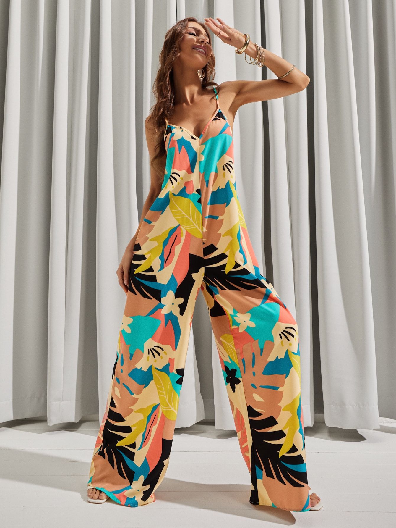 LUUKSE Backless Tropical Print Wide Leg Cami Jumpsuit | SHEIN