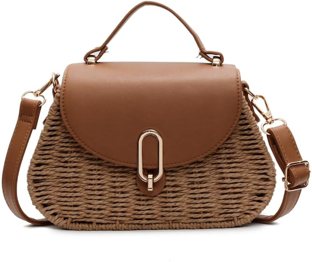 LYEAA Straw Beach Bag PU Leather Clutch Purse Flap Crossbody Bag Handmade Top Handle Purse for Wo... | Amazon (UK)