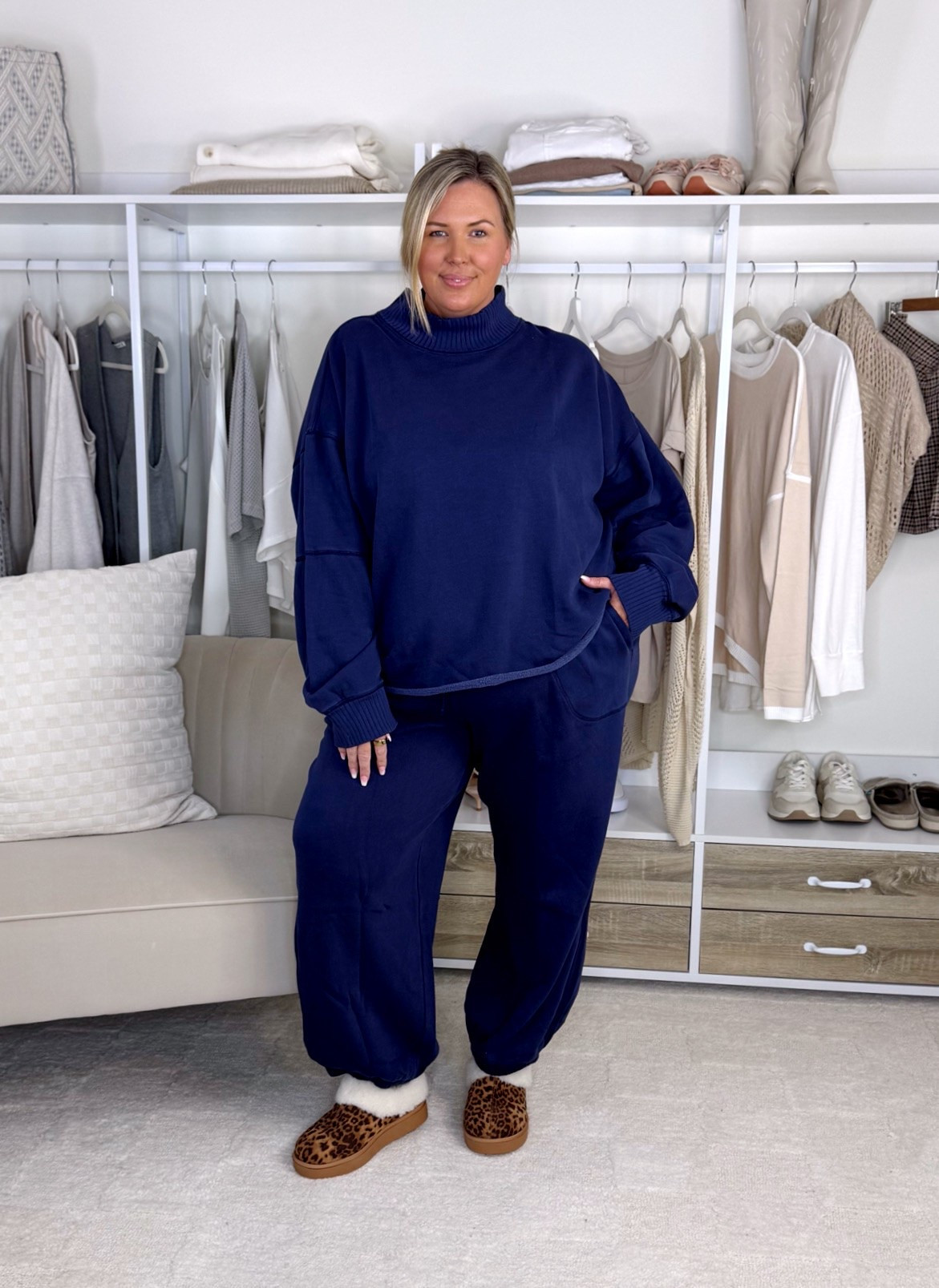 Cozy vibes are a must!!!! Actually the workwear look is soooo comfy too! Sizing: wearing an XXL in the matching sweats set!! A 2X in skirt and blouse, and an XL in sweater! The wide calf boots are on sale for40% off too! I have a 16.5 inch calf and there’s about an inch left of room

#LTKSeasonal #LTKPlusSize #LTKMidsize