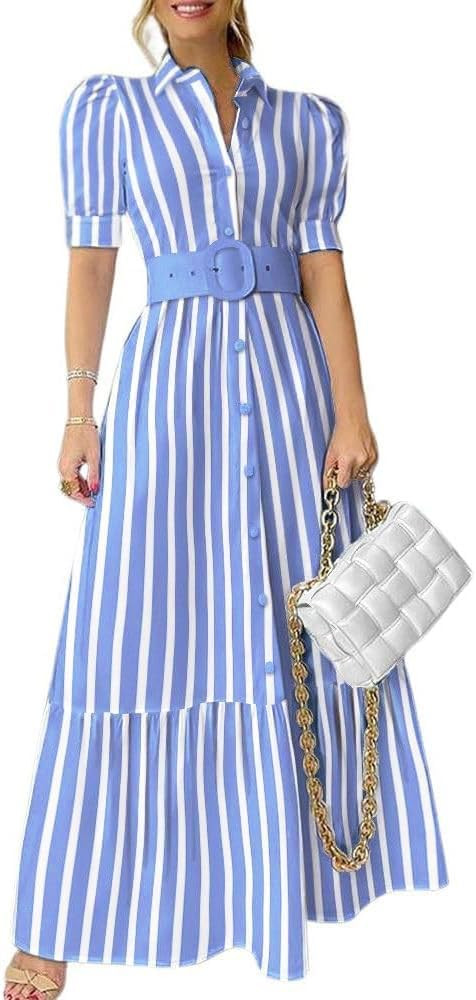 utcoco Womens Striped Button Down Shirt Dress Casual Puff Short Sleeve Ruffle Hem Maxi Dresses wi... | Amazon (US)