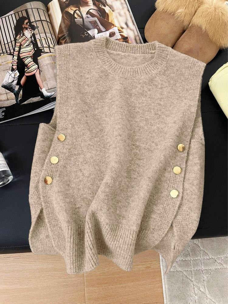 1pc Women's Casual Solid Color Round Neck Sleeveless Vest With Side Metal Button Accents | SHEIN