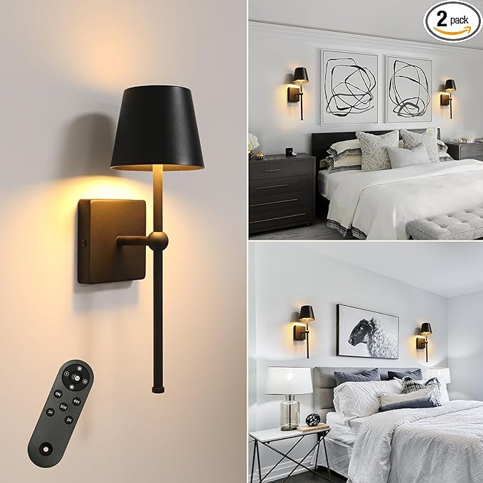 Battery Operated Wall Sconce Rechargeable Wireless Cordless Wall lamp Decor Set of Two Black for ... | Amazon (US)